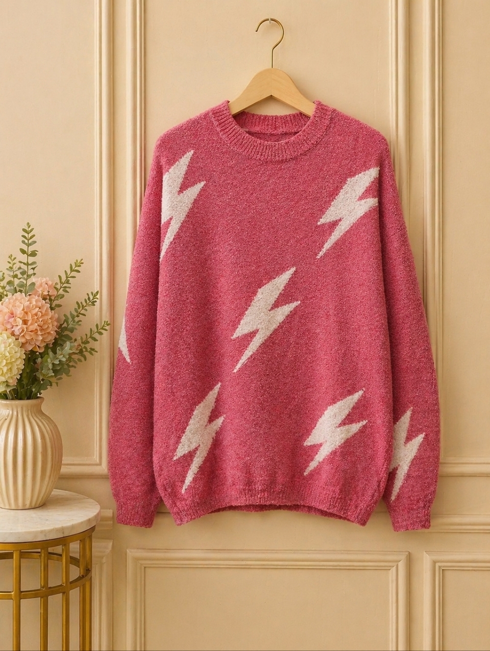 ODDY S/M Rose Pink Crewneck Sweater with Cream Lightning Motif